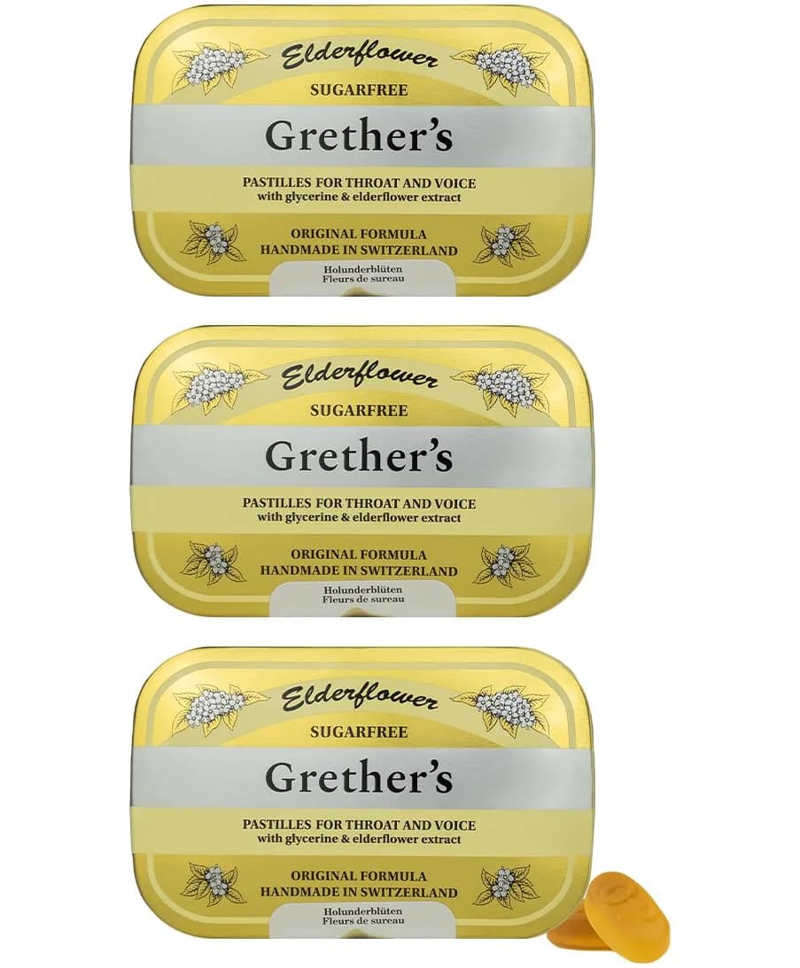 GRETHER'S Sugarfree Elderflower Pastilles 60g (2.1 oz) | Swiss Dry Mouth Comfort for Singers — Elderflower