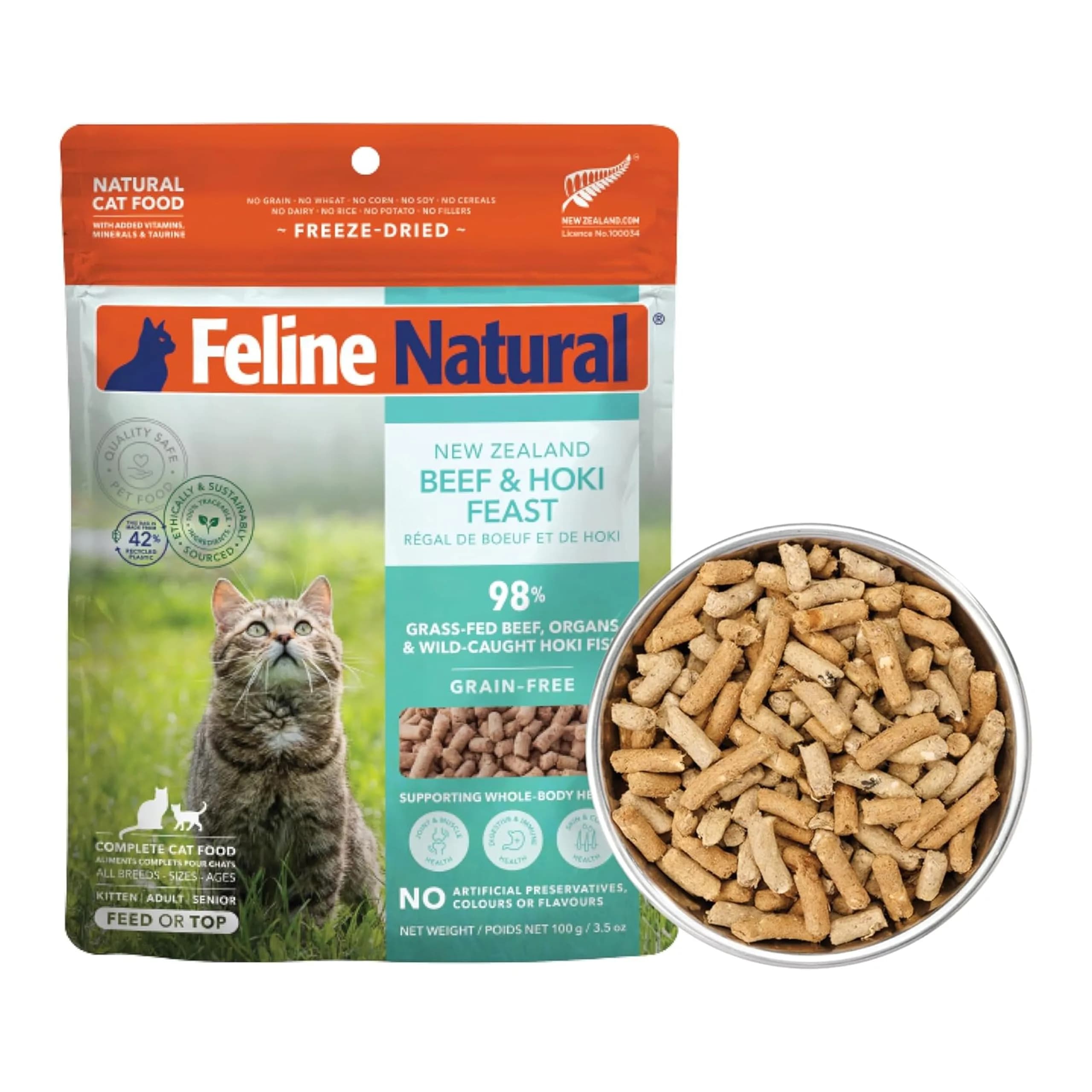 Feline Natural Beef & Hoki Freeze Dried Cat Food 100g (3.5oz) | 98% Meat High Protein Diet