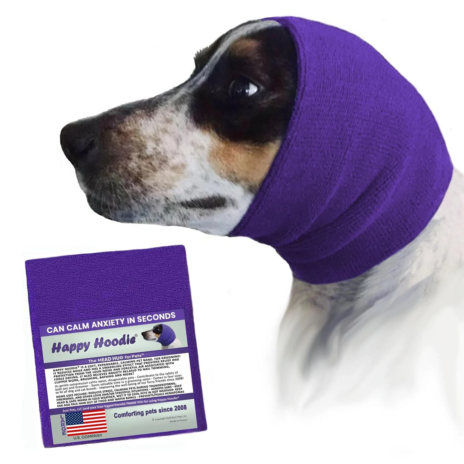 Zoni Pets Happy Hoodie Original Dog & Cat Calming Band, Black, X-Small (8 inch neck) — Purple