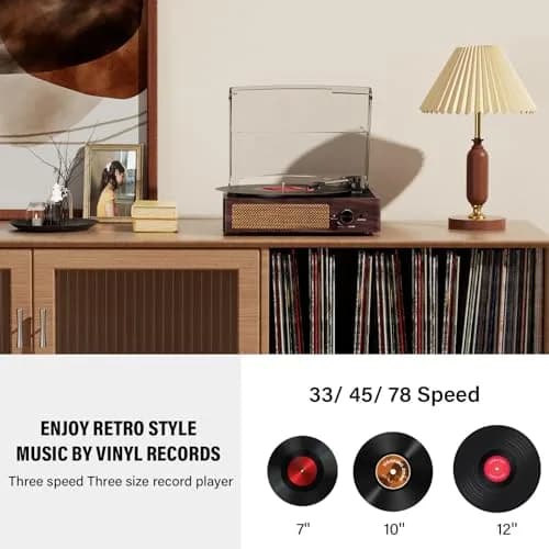 cotsoco Vinyl Record Player Turntable with Bluetooth & 2 Speakers | Retro 3-Speed Portable in Brown thumbnail 4