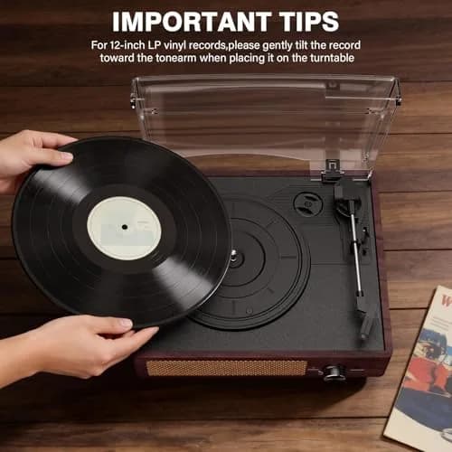 cotsoco Vinyl Record Player Turntable with Bluetooth & 2 Speakers | Retro 3-Speed Portable in Brown thumbnail 5