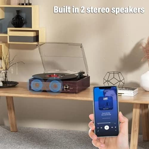 cotsoco Vinyl Record Player Turntable with Bluetooth & 2 Speakers | Retro 3-Speed Portable in Brown thumbnail 6