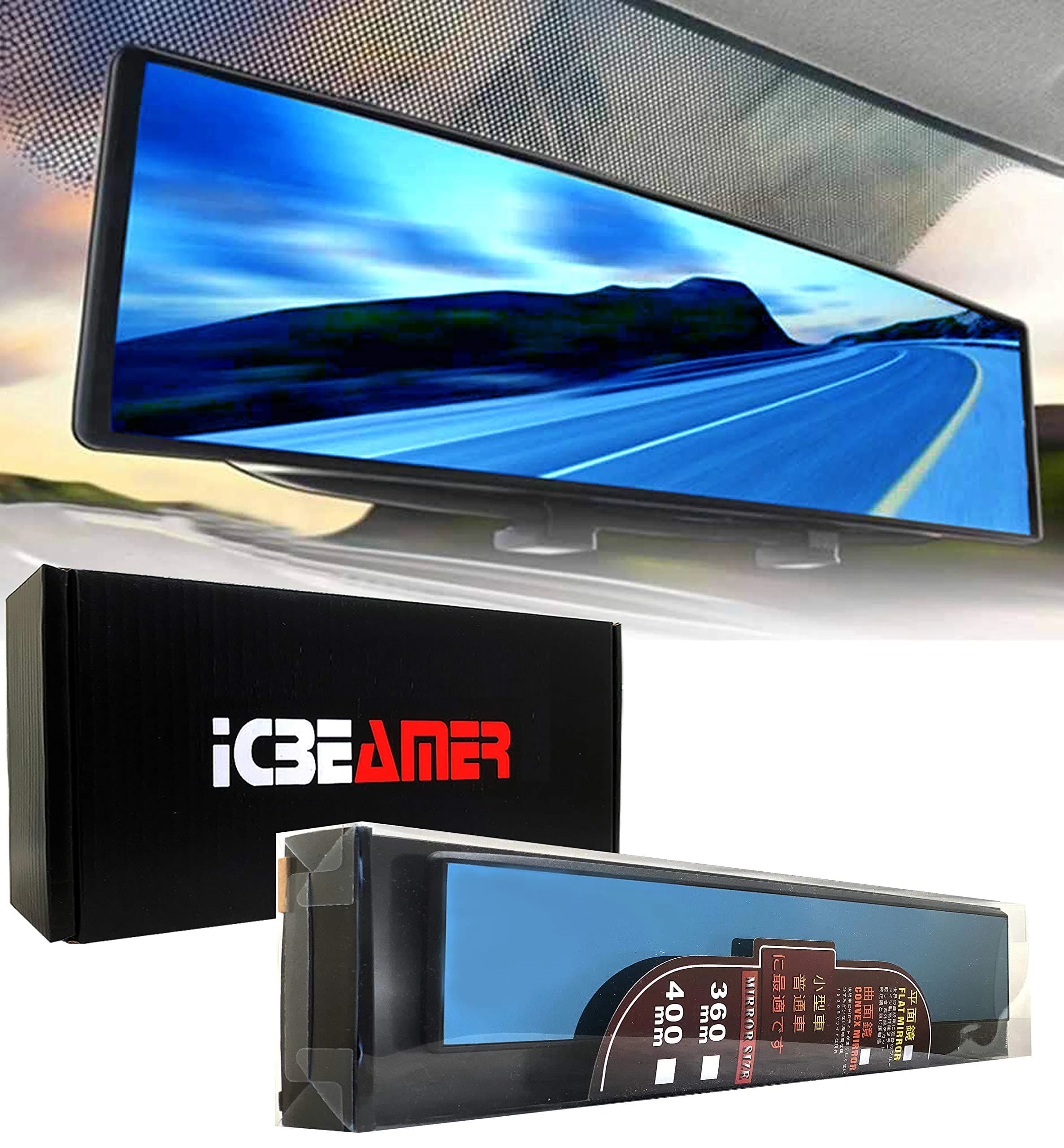 ICBEAMER 9.4" Rear View Mirror | Flat Blue Tint, Wide Angle, Anti Glare, Universal Fit — Blue / 15.8"- Flat