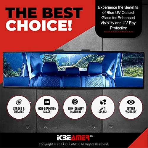ICBEAMER 15.8" Flat Blue Tint Rear View Mirror | Wide-Angle HD Glass, Anti Glare, Universal Fit for Car, SUV, Truck thumbnail 2