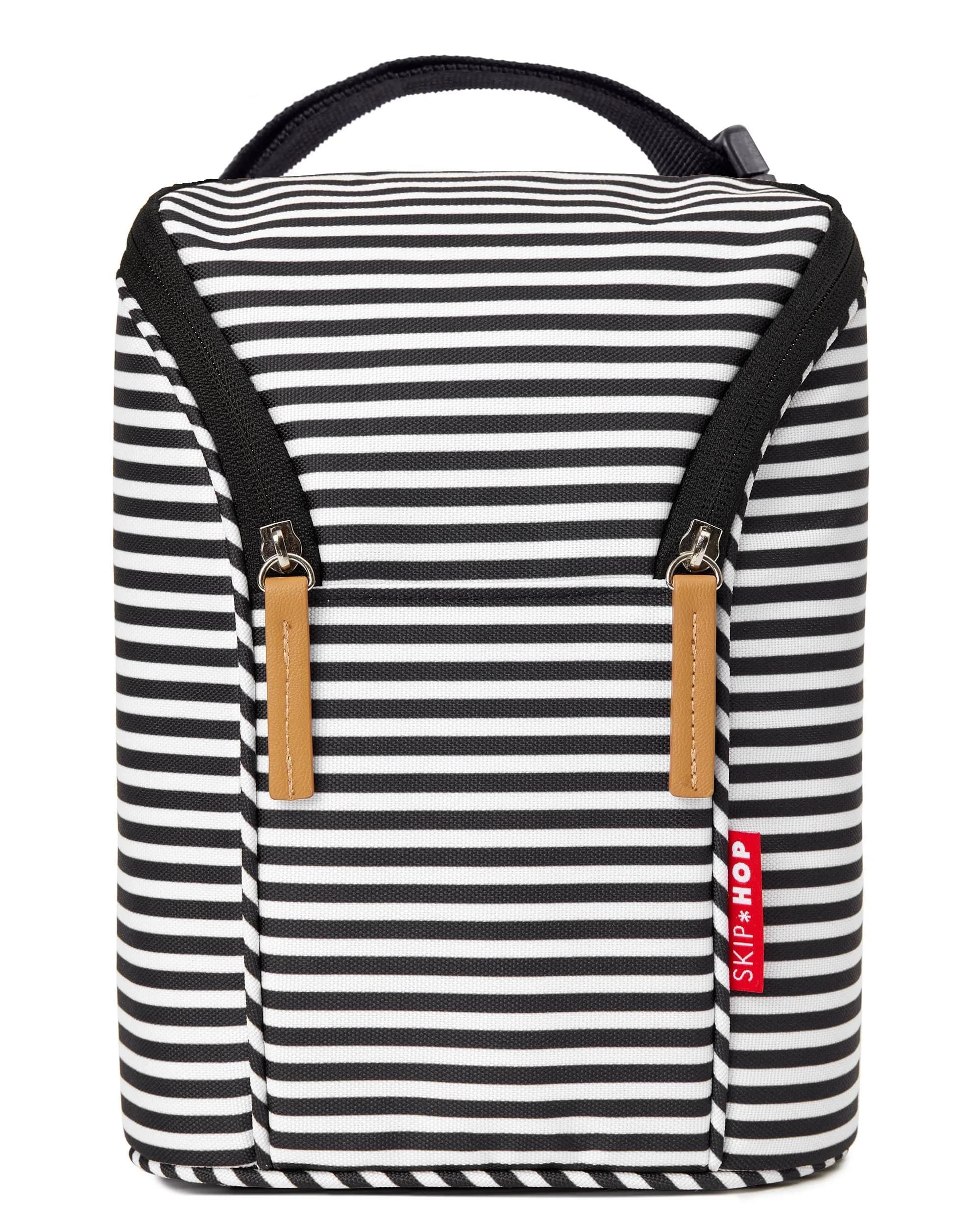 Skip Hop Insulated Double Baby Bottle Cooler Bag, Black & White Stripe 6.75" x 3.5" x 9" (17.1cm x 8.9cm x 22.9cm) | Keeps Bottles Warm or Cold for Hours - main product image