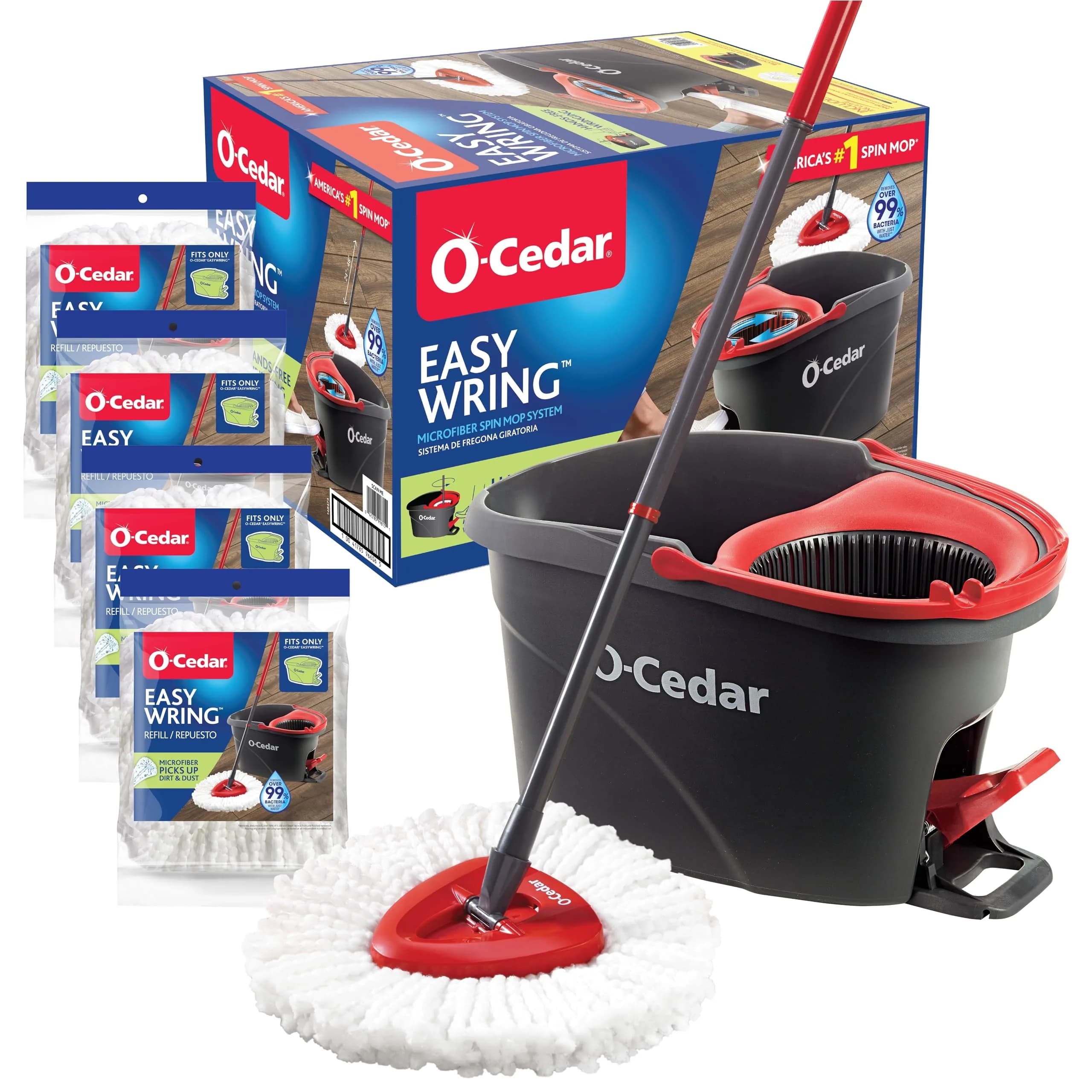 O-Cedar EasyWring Microfiber Spin Mop & Bucket Floor Cleaning System with 4 Mop Heads | Removes 99% Bacteria with Water — Easywring Spin Mop and Bucket + 4 Extra Refills