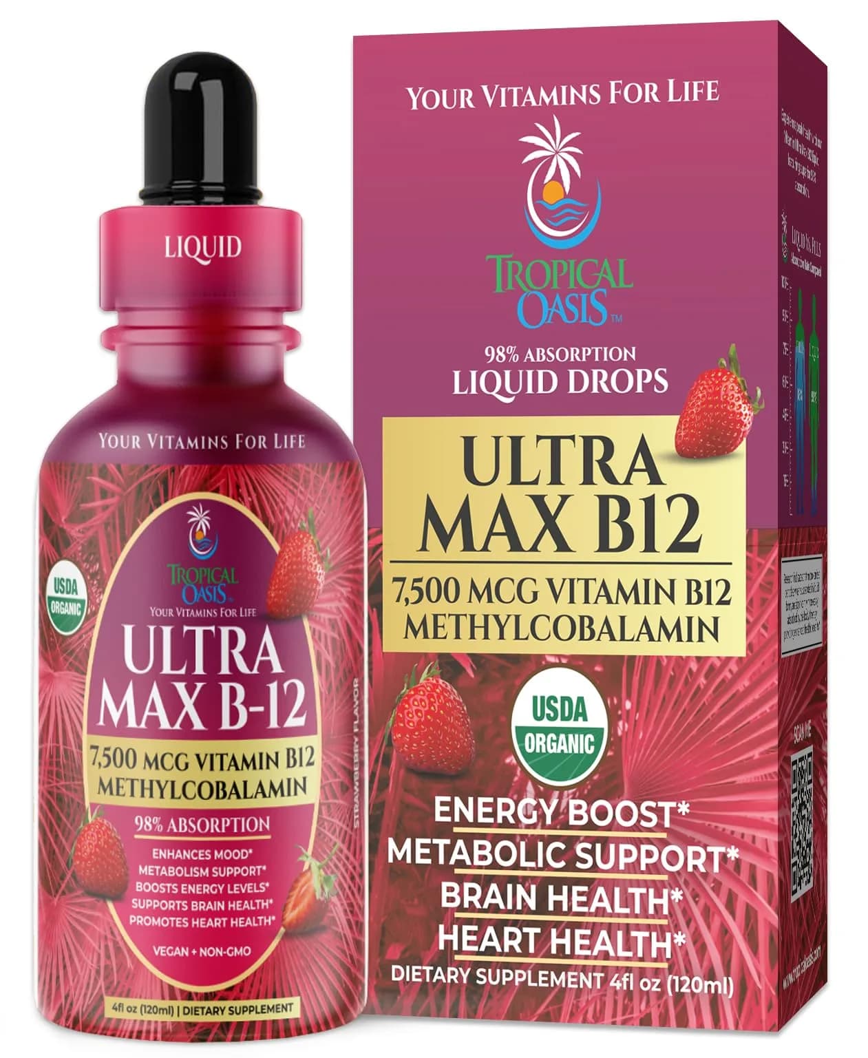 Tropical Oasis Ultra Max B12 Liquid Drops 4oz | Max 5000mcg Max Potency, Vegan, Strawberry Flavor - main product image