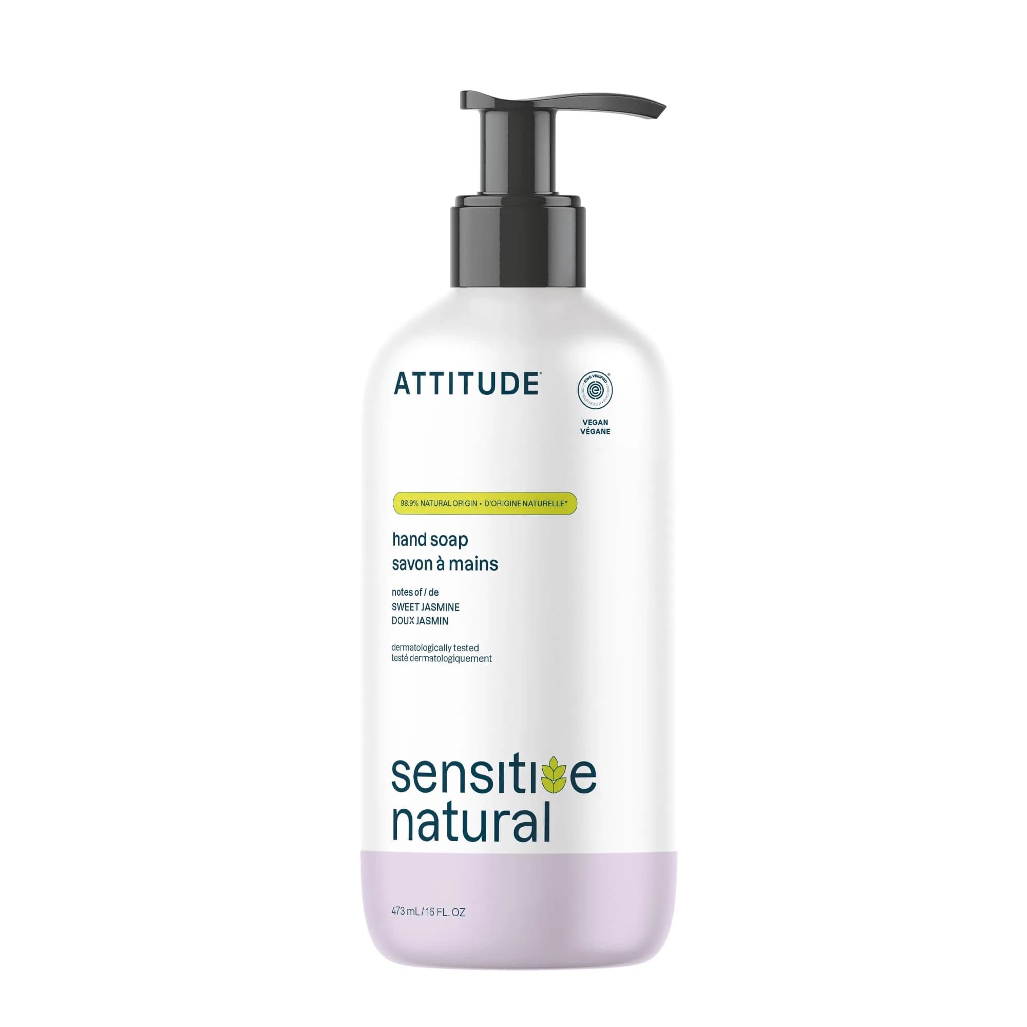 ATTITUDE Sensitive Skin Hand Soap with Oat, EWG Verified, 473ml (16 Fl Oz) | Gentle Cleansing for Dry Skin — Sweet Jasmine / 16 Ounce