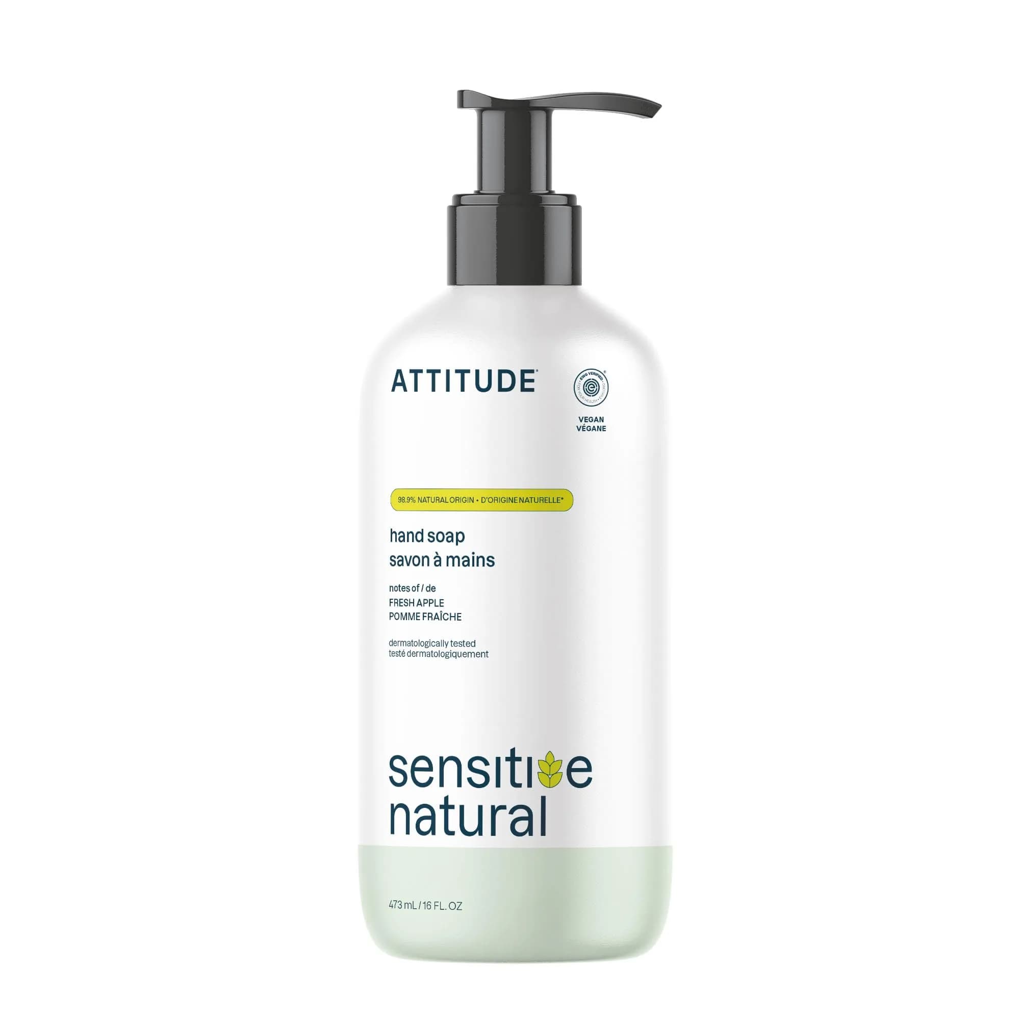 ATTITUDE Sensitive Skin Hand Soap with Oat, EWG Verified, 473ml (16 Fl Oz) | Gentle Cleansing for Dry Skin — Fresh Apple / 16 Ounce