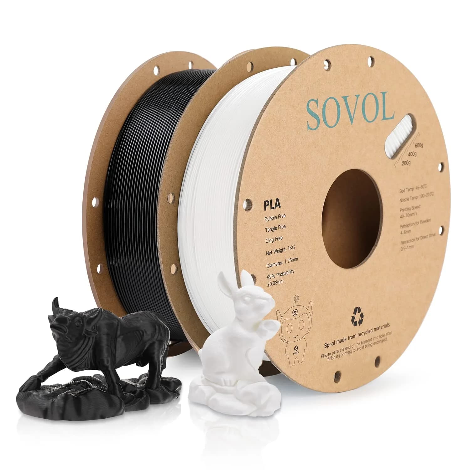 Sovol 3D Printer PLA Filament 2kg Spool Printing Materials, Black & White | 1.75mm, Vacuum Sealed, Environment Friendly