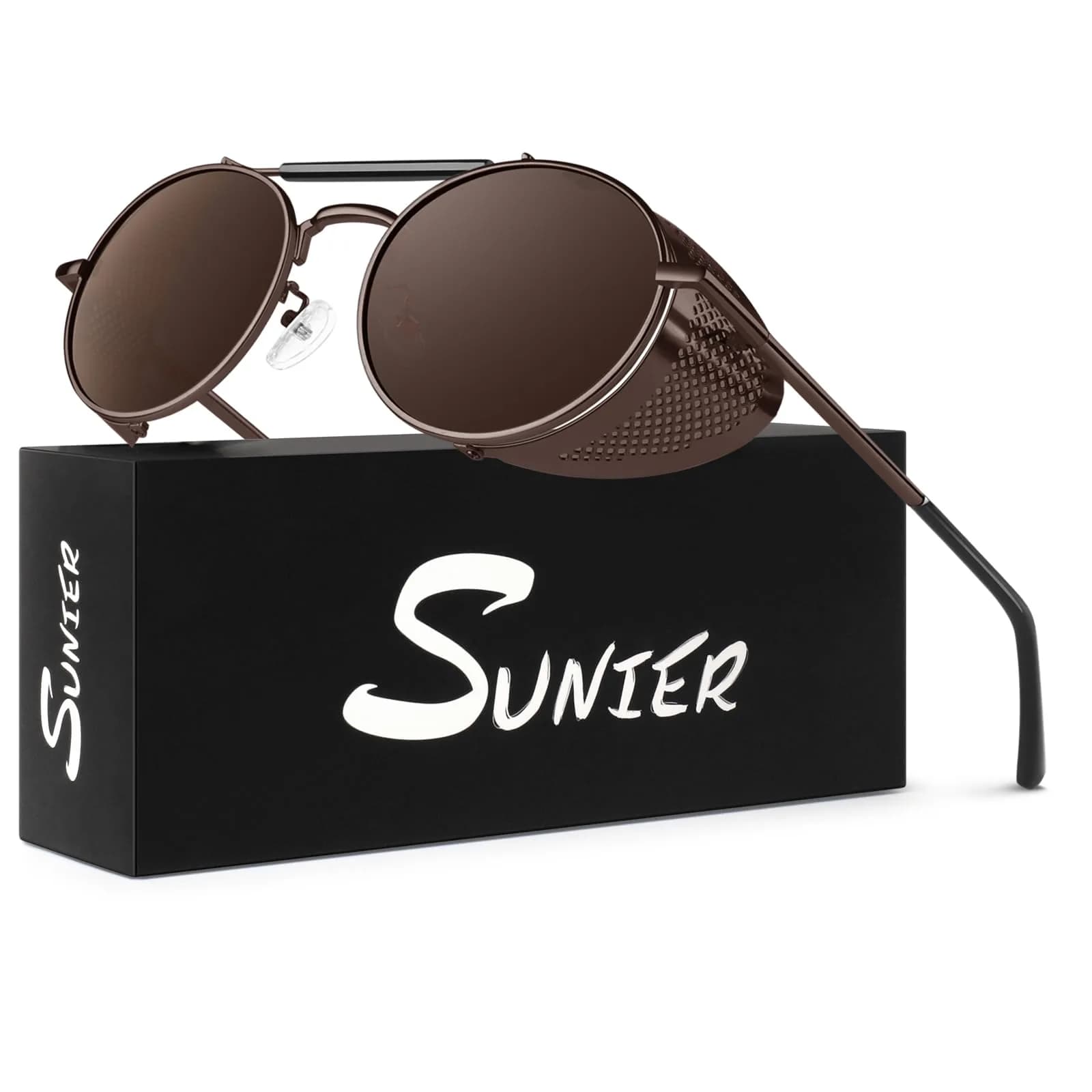 Sunier Round Polarized Steampunk Sunglasses Men Women Side Shield Goggles | 52mm Lens Width — Brown Frame Brown Polarized Lens