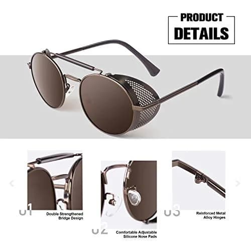 Sunier Round Polarized Steampunk Sunglasses Men Women Side Shield Goggles | UV400 Protection thumbnail 5