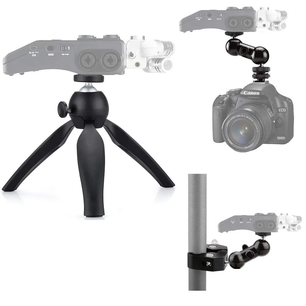 AceTaken 3-in-1 Zoom Recorder Tripod, Clamp Mount & Hot Shoe Kit for Zoom/Tascam Recorders, 14cm Max Height | Aluminum Alloy Construction — black