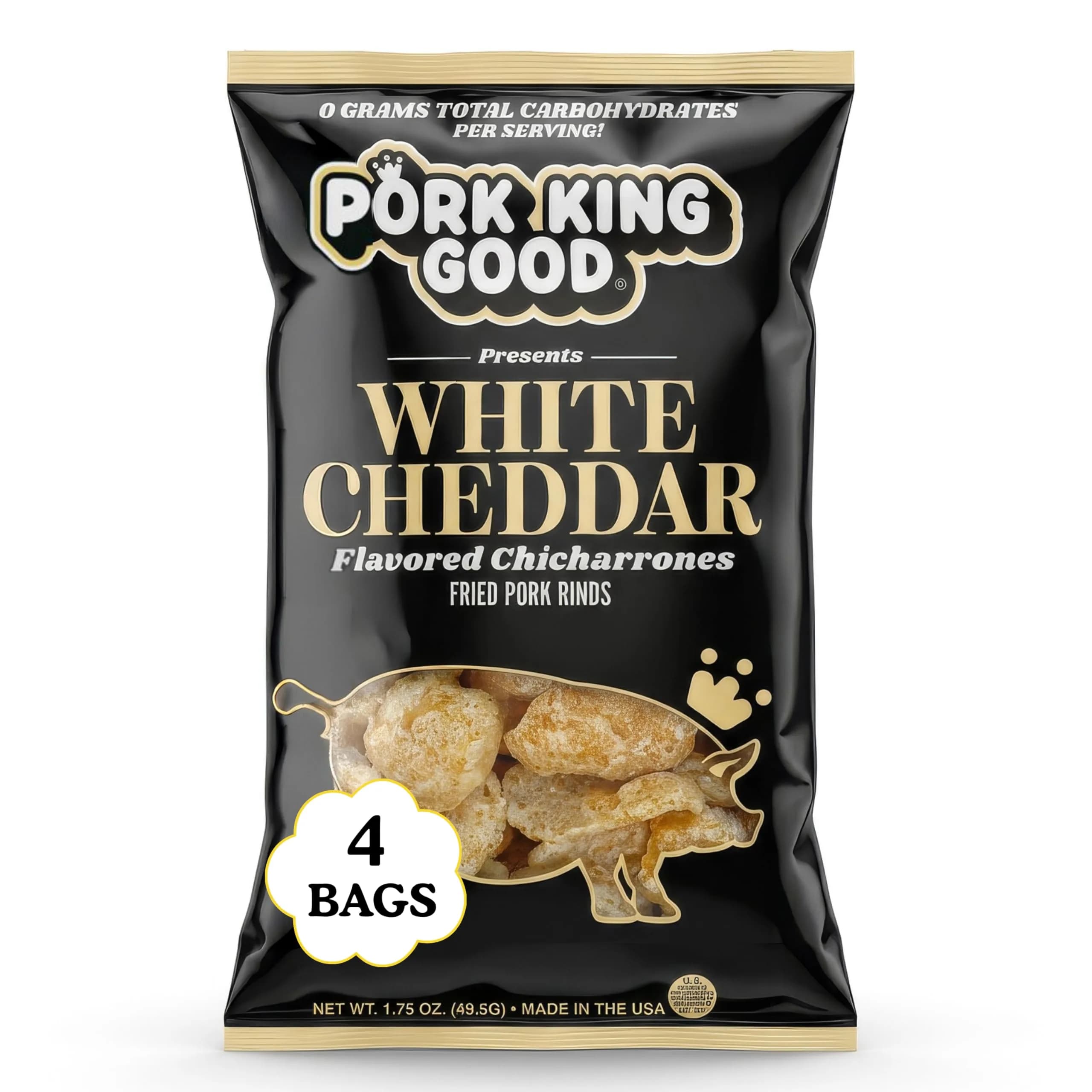 Pork King Good Pork Rinds (Chicharrones), White Cheddar, 4 Pack | Low-Carb, High Protein Snack in India - main product image