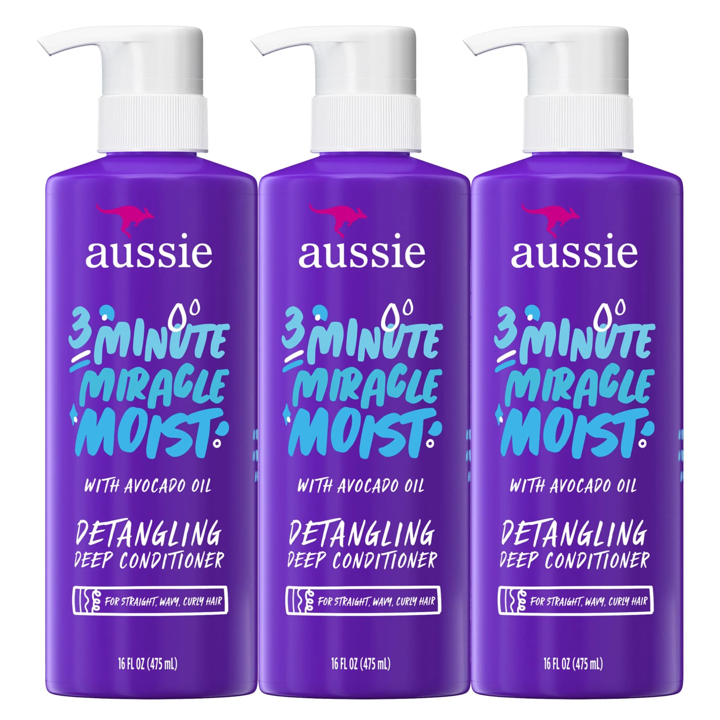 Aussie 3 Minute Miracle Moist Deep Conditioner Triple Pack | 492ml (16 Fl Oz Each) for Dry, Curly, Color-Treated Hair - main product image