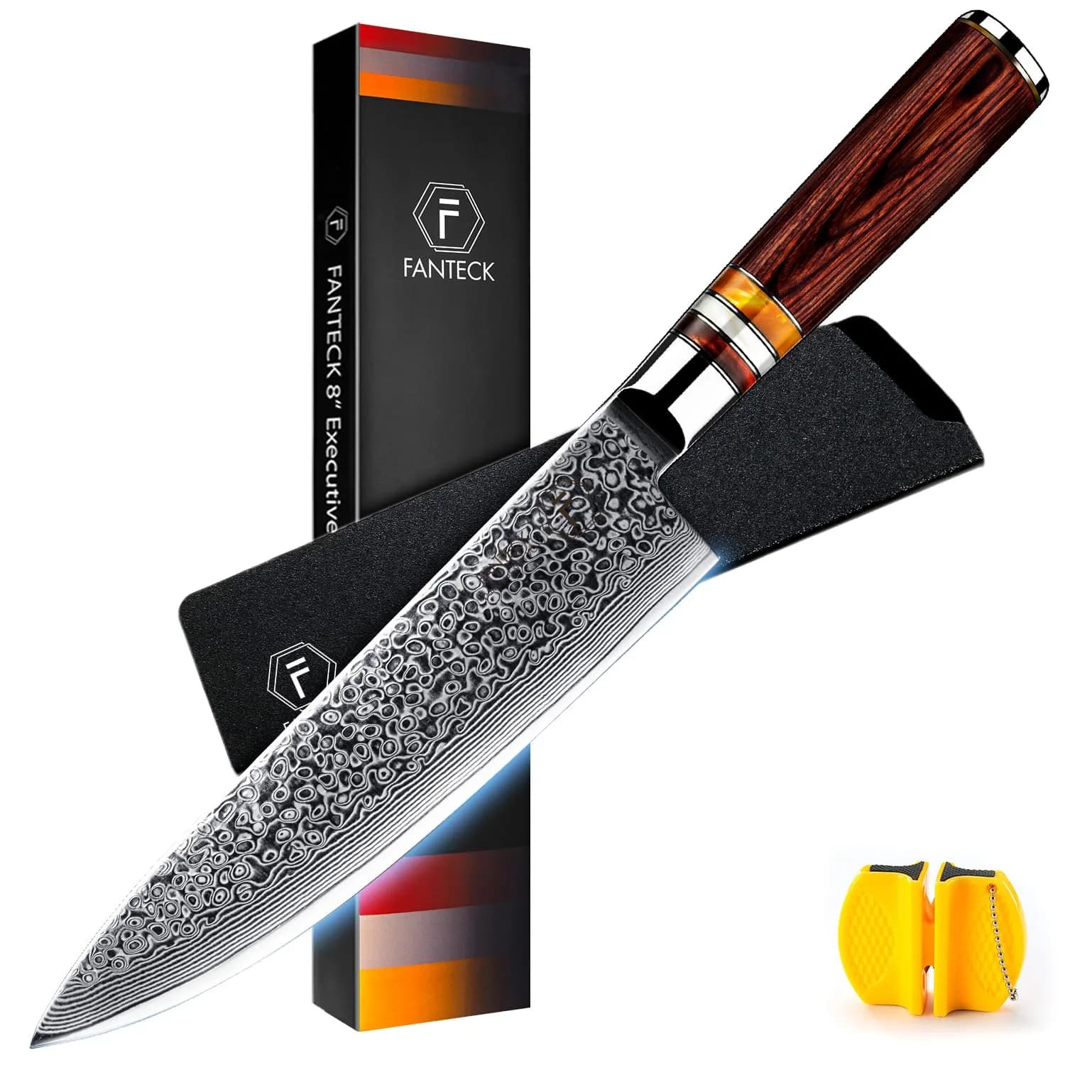 F FANTECK 5.5" Damascus Boning Knife | Japanese High Carbon Steel Fillet Knife with Sheath — Brown handle