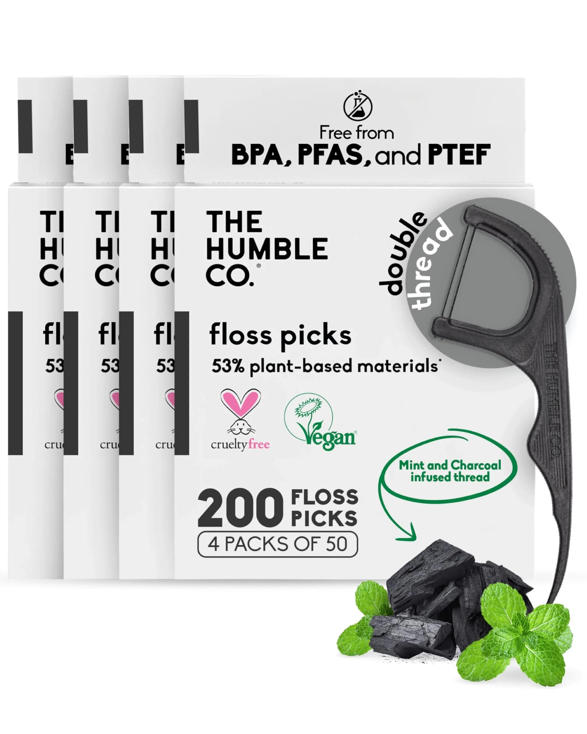 The Humble Co. Mint Dental Floss Picks Double Thread 200 Count | Dentist-Designed, Plant-Based Materials — Charcoal / Double Thread