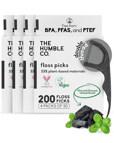 The Humble Co. Dental Floss Picks, Double Thread, Charcoal (200 Count) | Eco-Friendly, Vegan Oral Care thumbnail 1
