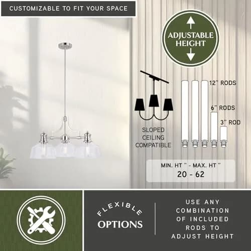 VAXCEL Beloit 3 Light Satin Nickel Farmhouse Chandelier Clear Glass | Modern Country Style thumbnail 4
