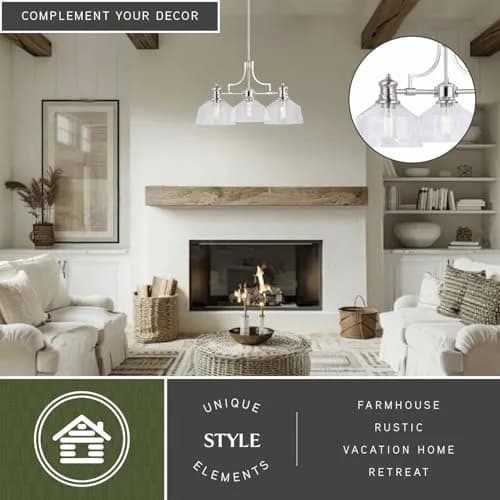 VAXCEL Beloit 3 Light Satin Nickel Farmhouse Chandelier Clear Glass | Modern Country Style thumbnail 2