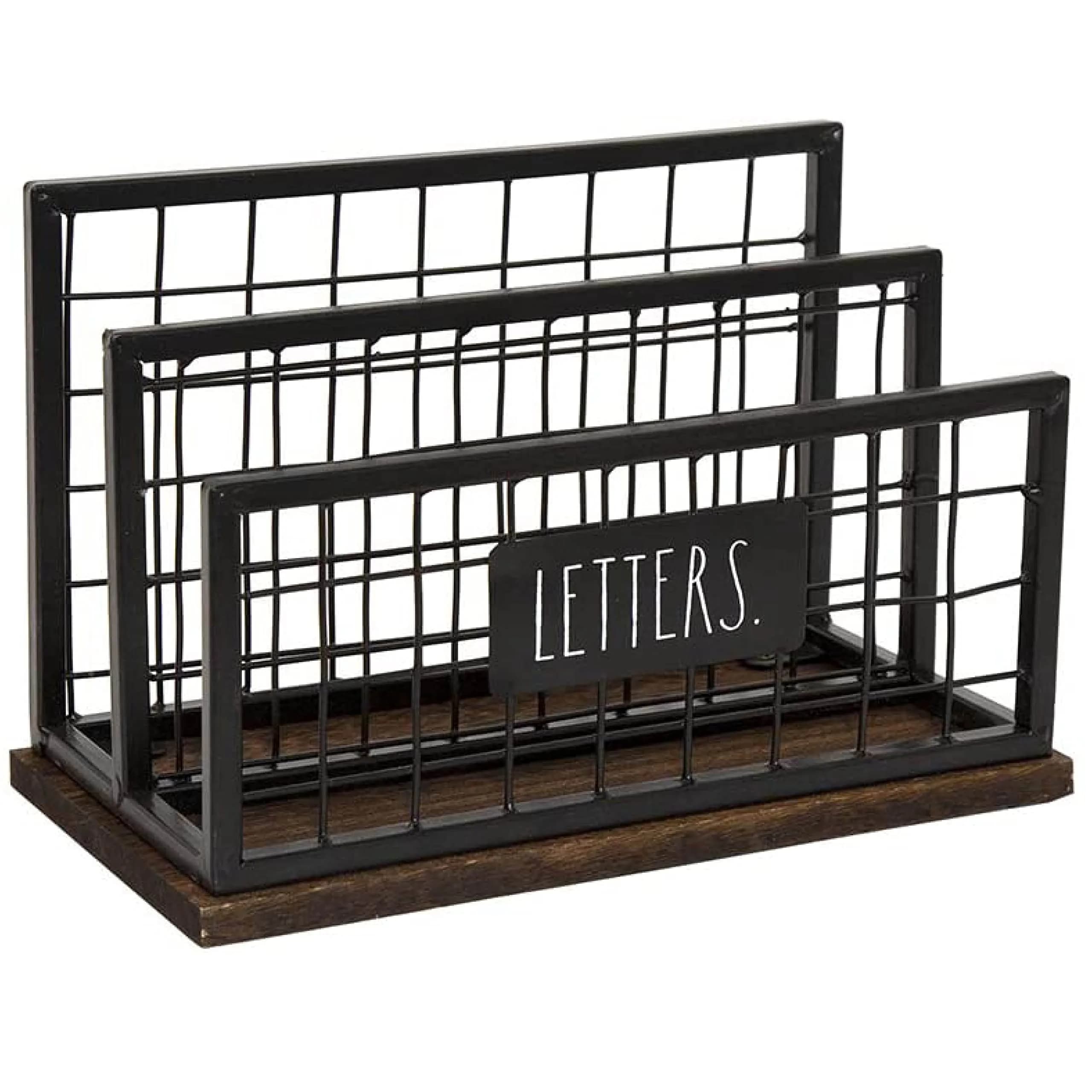 Rae Dunn Desktop Letter Holder – 2 Compartment Mail & Stationary Organizer – Galvanized Steel & Solid Wood, “Letters” Print - main product image