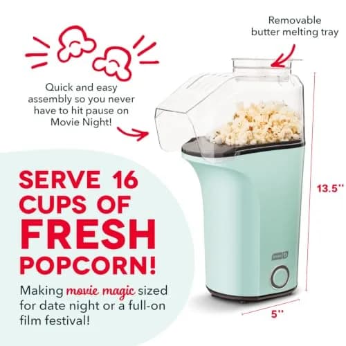 Dash Fresh Pop Popcorn Maker 16-Cup Aqua | Oil-Free Hot Air Popper for Family & Movie Nights thumbnail 3