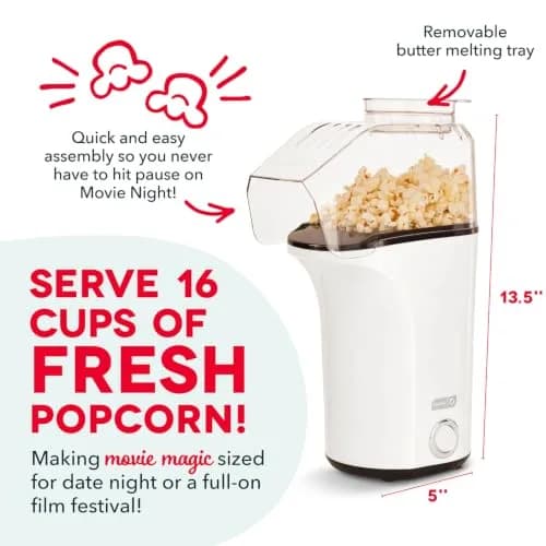 Dash Fresh Pop Hot Air Popcorn Maker, 16-Cup Capacity, White | Oil-Free Electric Popper for Healthy Snacks thumbnail 3