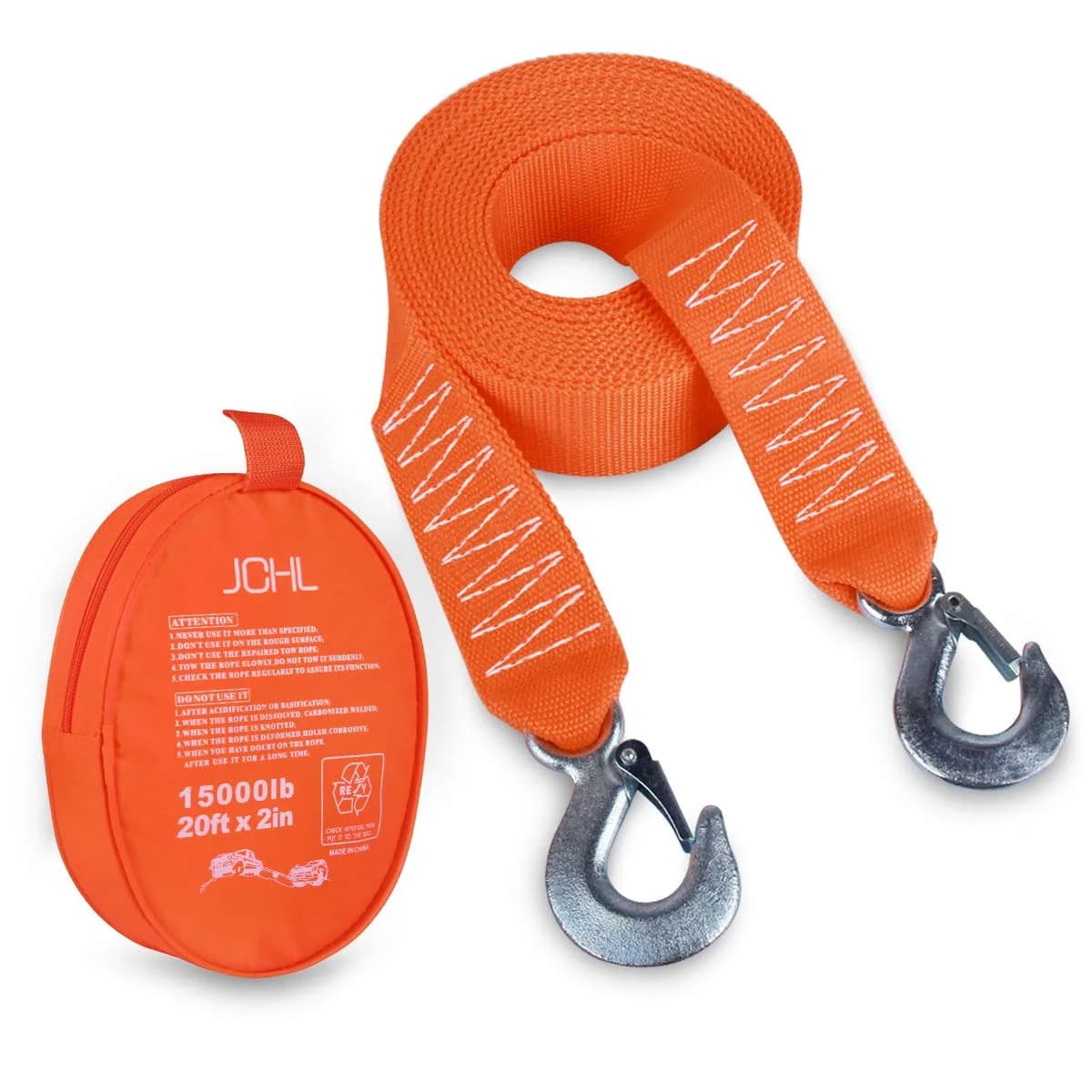 JCHL Nylon Tow Strap with Hooks 2"x20’ (6.1m) — 9072 kg (20,000 lbs) Capacity | Heavy Duty Recovery Rope for Cars, Trucks, SUVs — 2inX20Ft-15,000LB