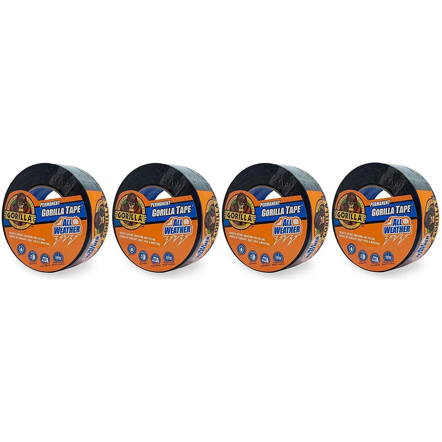 Gorilla All Weather Duct Tape Black 1.88" x 25 yd (4-Pack) | UV & Temperature Resistant Waterproof Tape for Outdoor Repairs