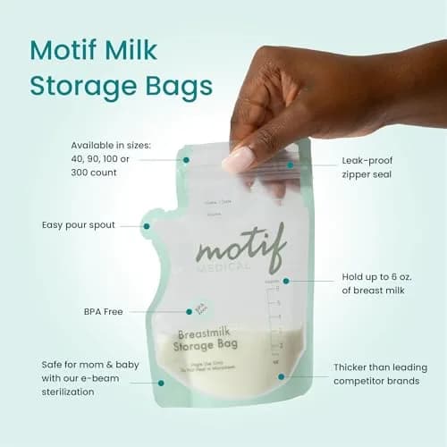 Motif Medical Breastmilk Storage Bags 6 oz (40 Count) | Easy-Pour Spout & Leak-Proof Double Zipper thumbnail 2