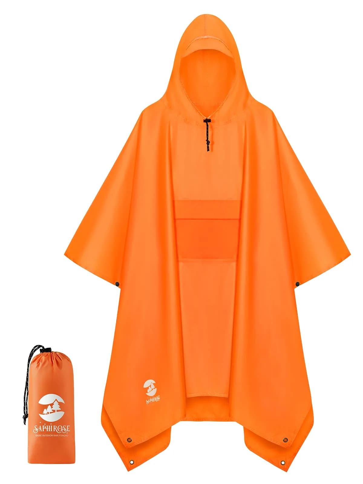 SaphiRose Double Layer Rain Poncho, Waterproof Thick Hooded Raincoat 3-in-1 | Packable Outdoor Gear — Orange