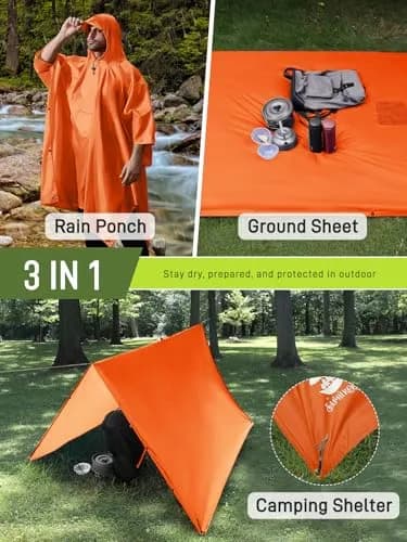 SaphiRose Double Layer Rain Poncho Orange | 230T Polyester PU 5000MM Waterproof, 3-in-1 Ground Mat Tarp Shelter thumbnail 3