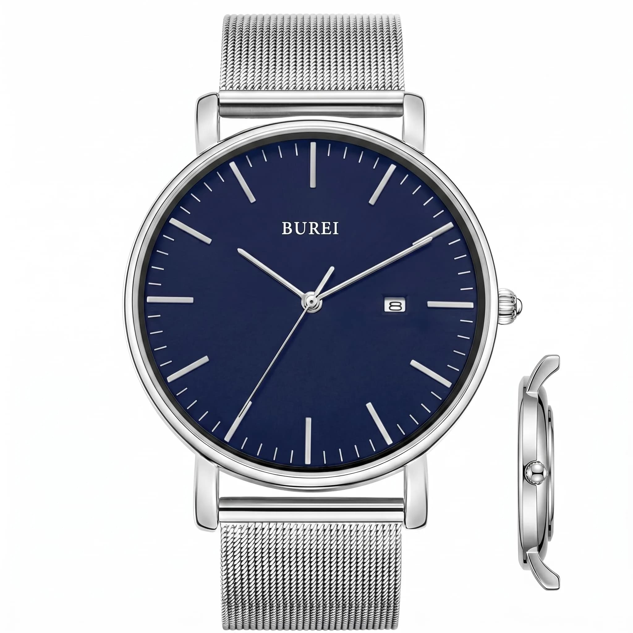 BUREI Men Wrist Watch Minimalist Analog Quartz Waterproof 7.2mm (Silver) | Light-Luxury Design