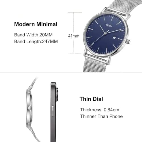 BUREI Men Wrist Watch Minimalist Analog Quartz Waterproof 7.2mm (Silver) | Light-Luxury Design thumbnail 2