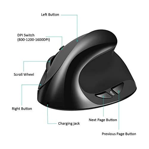 AURTEC Vertical Mouse 2.4G Wireless Ergonomic Mouse | Rechargeable, 6 Buttons, 800/1200/1600 DPI, Black thumbnail 5