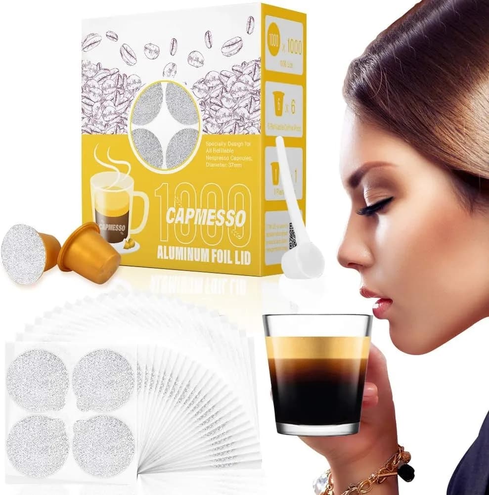 CAPMESSO Aluminum Coffee Pod Seal Lids for Nespresso Original Line Capsules, 120PCS | Reusable Coffee Filter Alternative — Silver -1000pcs Lids+6 Plastic Pods