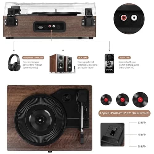 Cotsoco Vinyl Record Player Turntable with Bluetooth & 2 Stereo Speakers | 3 Speed Portable Retro thumbnail 3