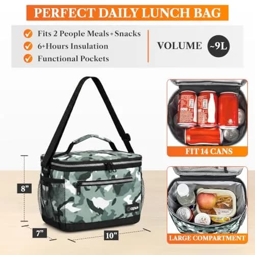 opux Insulated Lunch Bag for Men Women, Leakproof Kids, Camo Green | 8L Capacity, Thermal Insulation, Durable Nylon & Polyester thumbnail 2