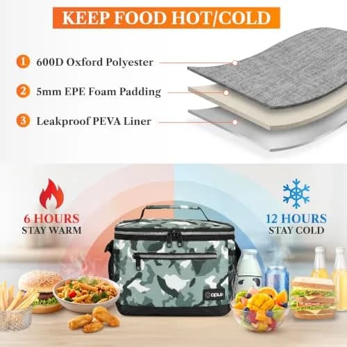 opux Insulated Lunch Bag for Men Women, Leakproof Kids, Camo Green | 8L Capacity, Thermal Insulation, Durable Nylon & Polyester thumbnail 3