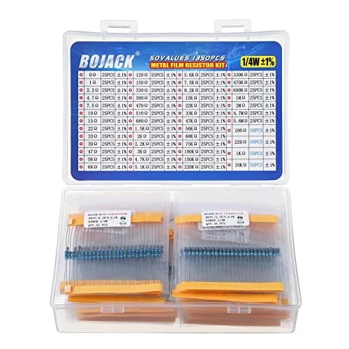 BOJACK Fixed Resistor Kit 1350 pcs 50 Values 1% 0Ω-5.6MΩ | Assorted Metal Film Resistors thumbnail 1