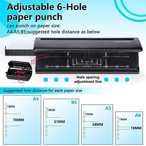 WORKLION Adjustable 6-Hole Punch with Positioning Mark, Daily Paper Puncher for A5 Size Six Ring Binder Planners - Refill Pages (Black, 19.4cm x 6.5cm x 6cm) thumbnail 3