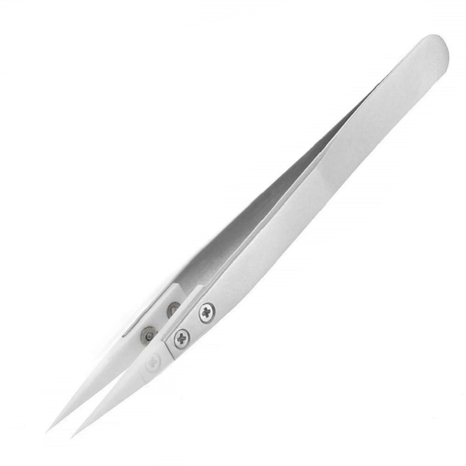 DazzyD Ceramic Tweezers with Stainless Steel Handle, 13cm (5.12 in.) | Non-Conductive for Precision Electronics — Silver