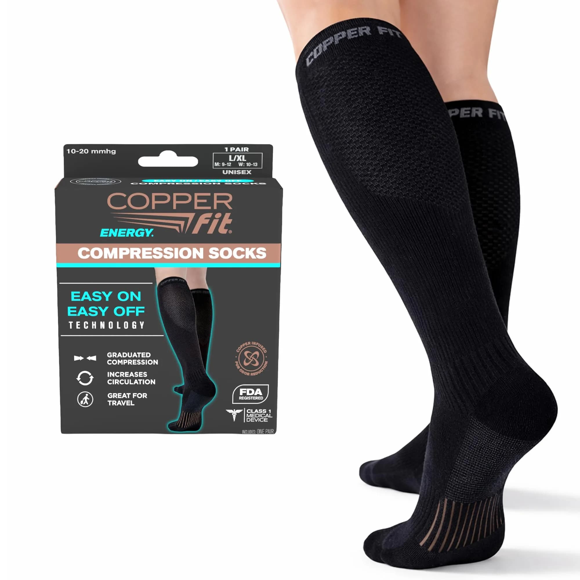 Copper Fit Unisex-Adult's 2.0 Easy-Off Knee High Compression Socks, Black, Large/X-Large | Medical Grade Support - main product image