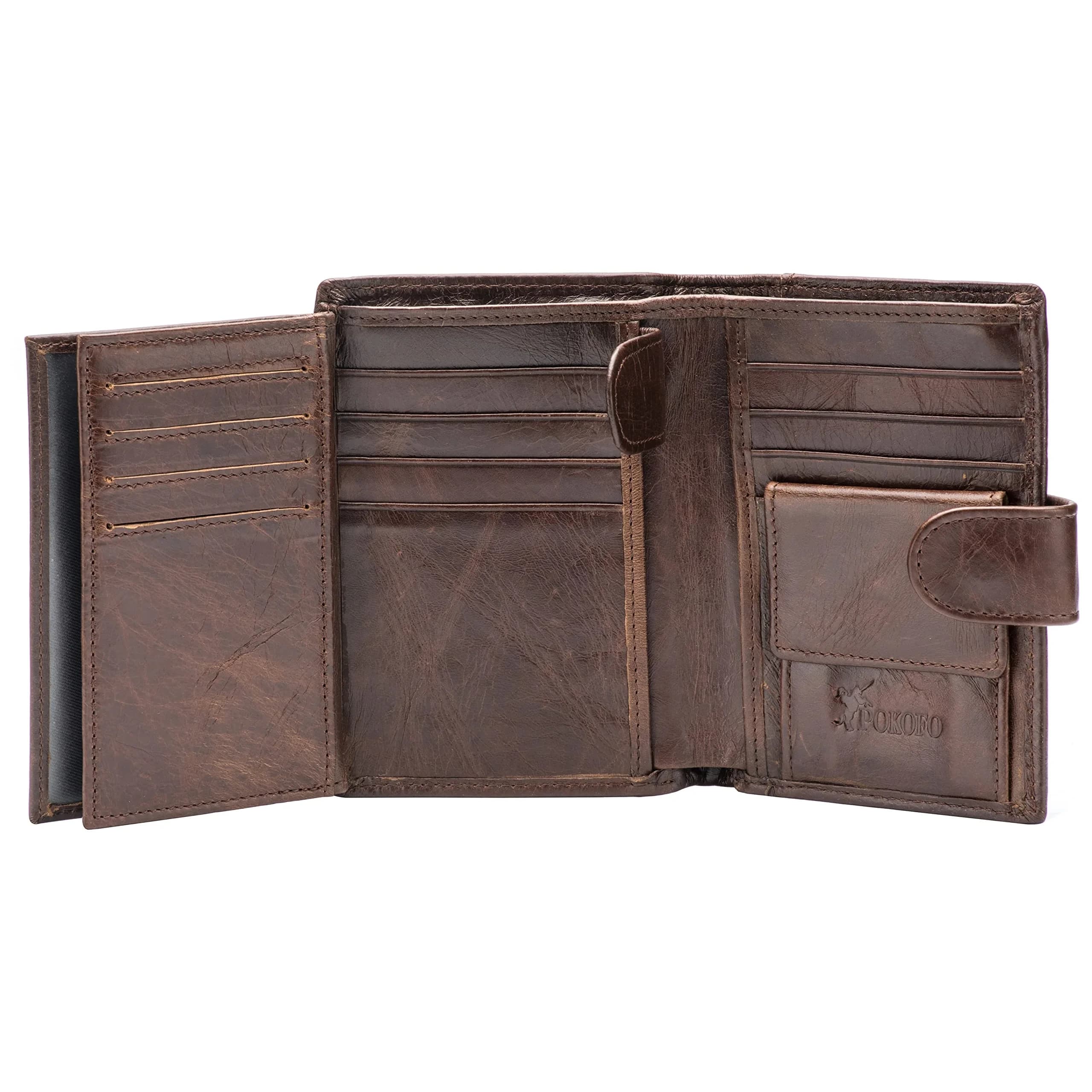 POKOFO Large RFID Genuine Leather Trifold Wallet for Men (Chocolate) 12.7cm (5") | Classic Design, 14 Card Slots