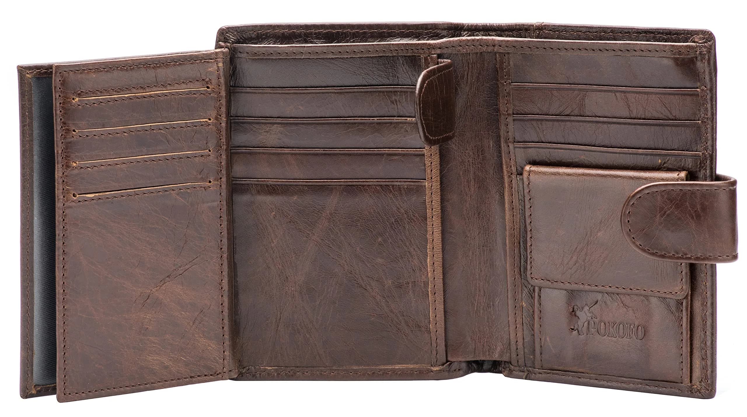 POKOFO Large RFID Genuine Leather Trifold Wallet for Men (Chocolate) 12.7cm (5") | Classic Design, 14 Card Slots — Chocolate Large