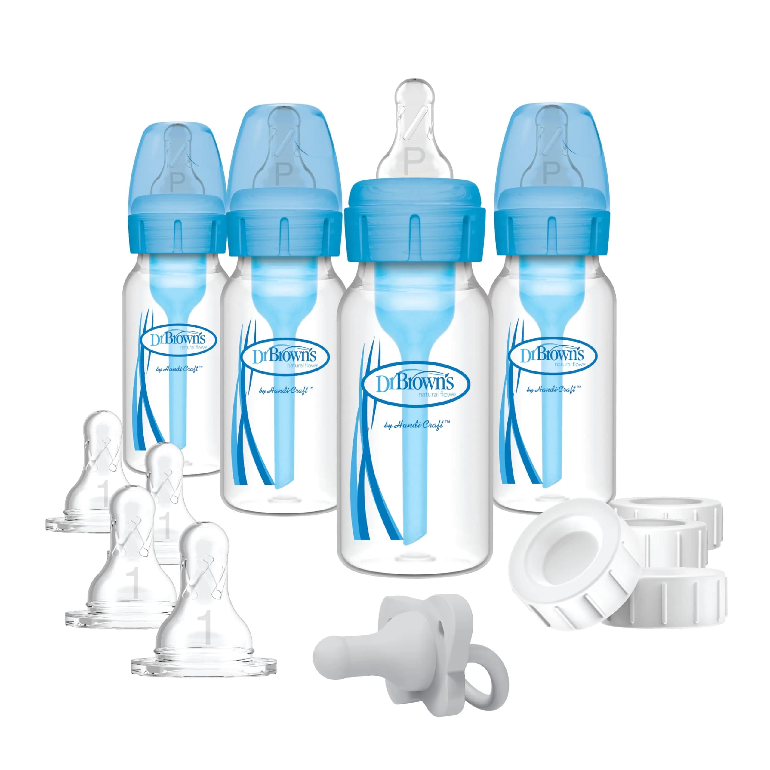 Dr. Brown's Anti-Colic Options+ Narrow Baby Bottle Set - Blue, Slow Flow Nipples & Pacifier thumbnail 1