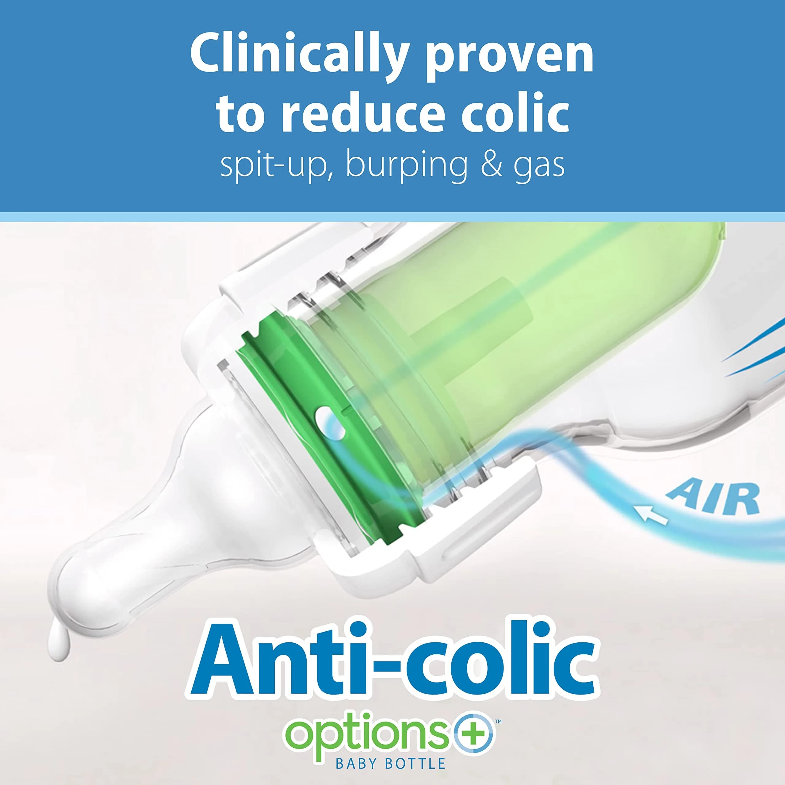 Dr. Brown's Anti-Colic Options+ Narrow Baby Bottle Set - Blue, Slow Flow Nipples & Pacifier thumbnail 3