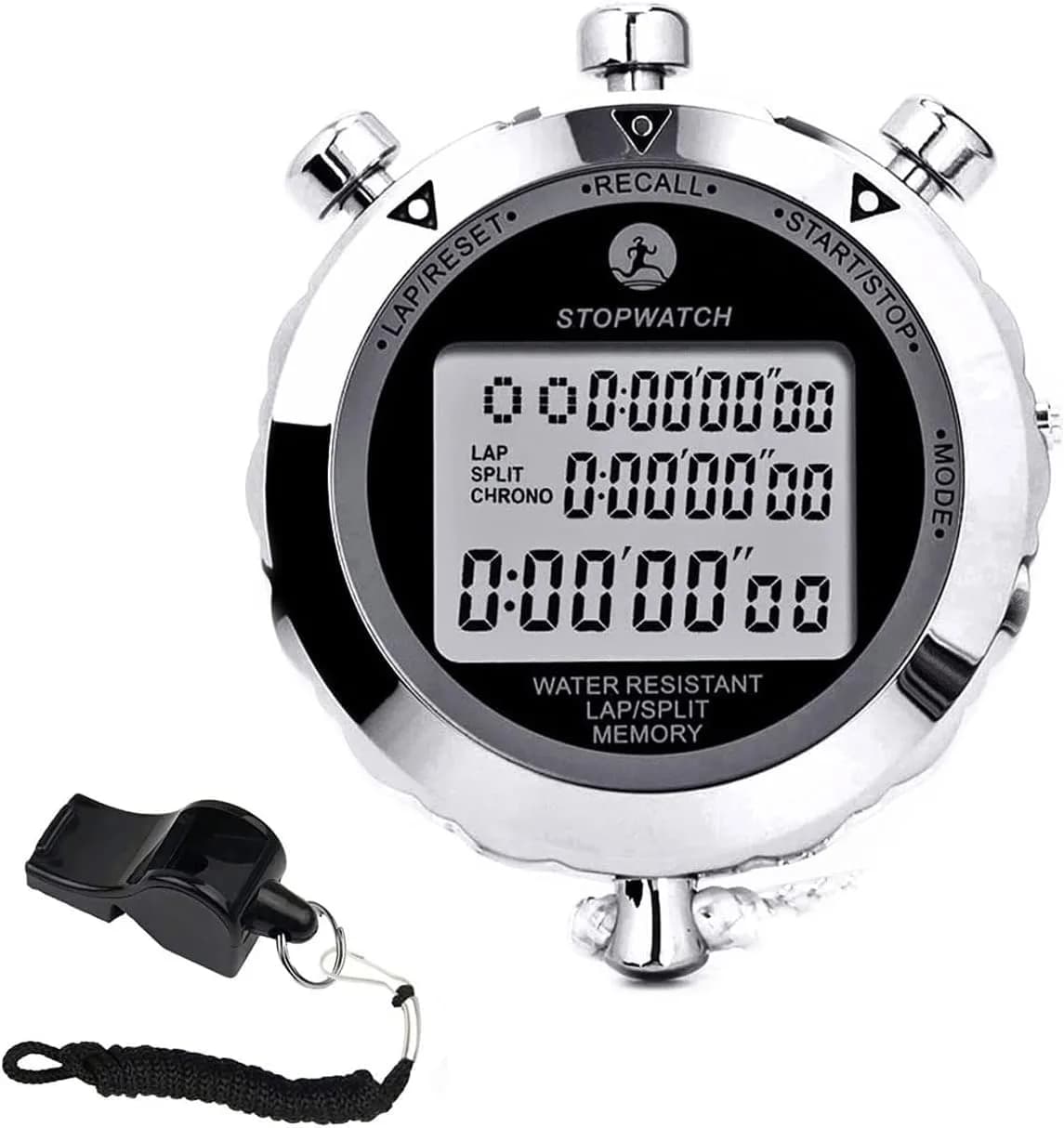 Rolilink Metal Stopwatch with Backlight & Alarm | 2 Lap Memory, 1/100 Sec Accuracy, 7.3cm (2.87in) — 10 Lap