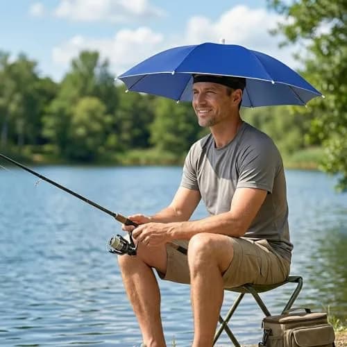Chinmor 26" Umbrella Hat for Adults & Kids, Hands-Free Sun & Rain Protection, UV-Blocking Fishing Headwear (Dark Blue) thumbnail 5