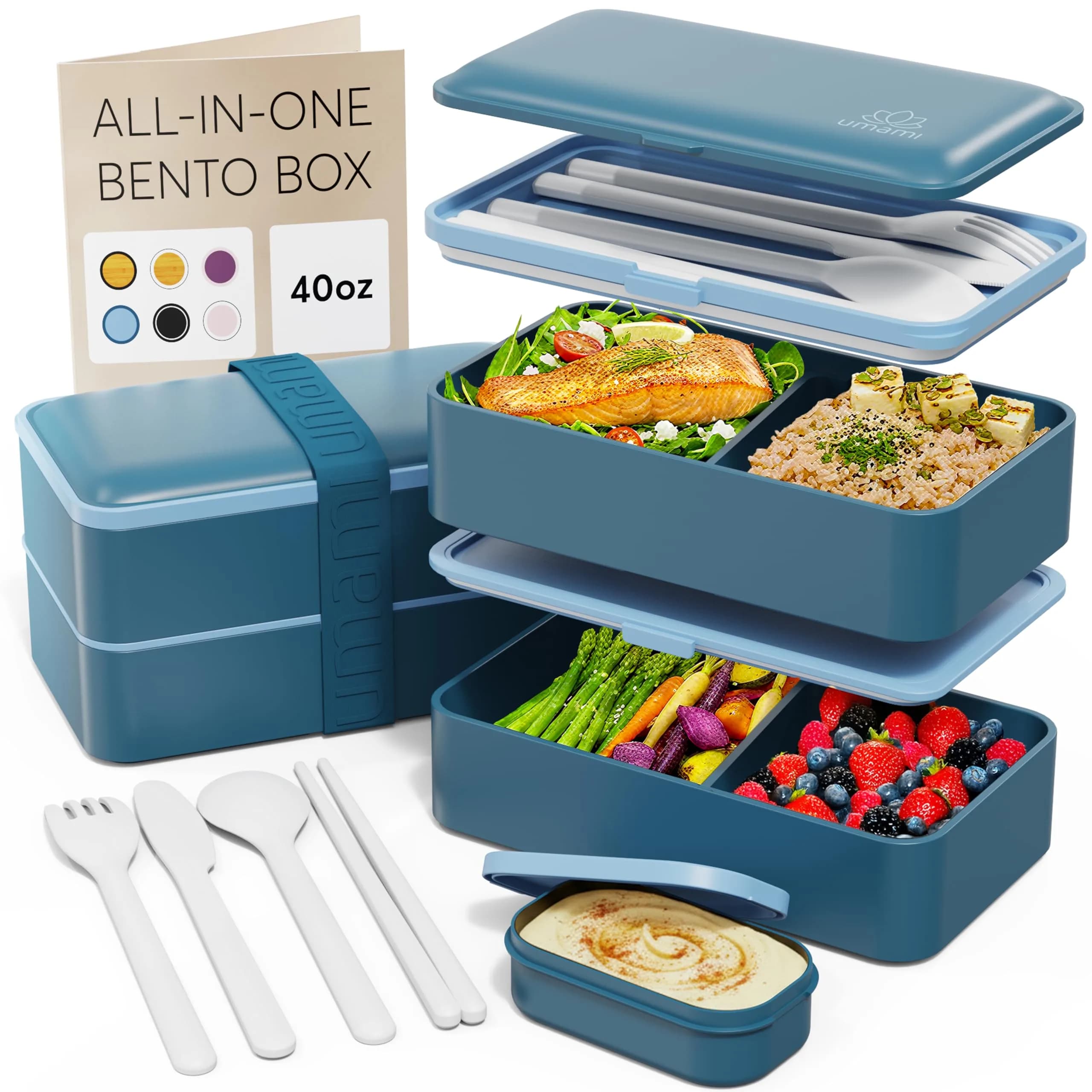 Umami Bento Box Adult, Stackable Lunch Box 1.2L (40 oz) | Leakproof, Microwavable, Dishwasher Safe — Denim Blue / M - 40 oz